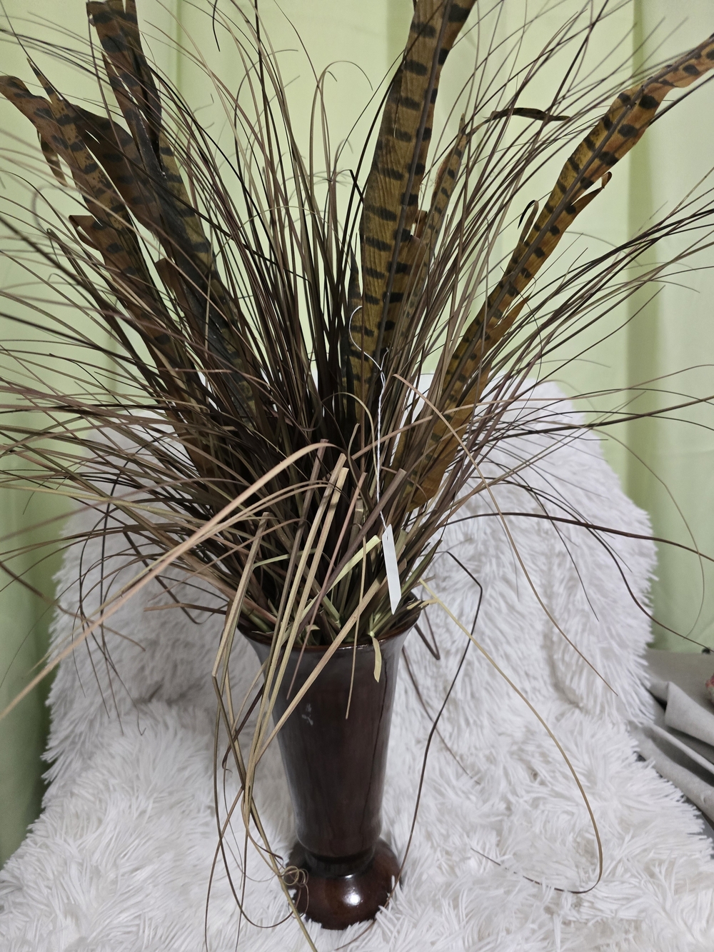 Brown Faux Grass and Feather Vase Arrangement - Decorative Accent